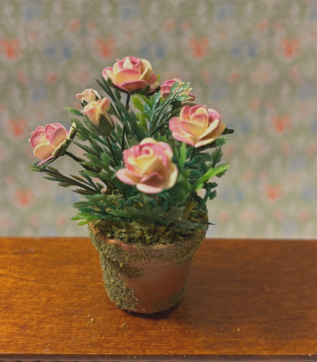 Dollhouse Miniature Light Pink-White Potted Rose Handcrafted