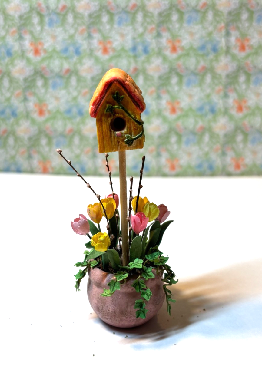 Dollhouse Miniature Bird House Tulip Planter Handcrafted
