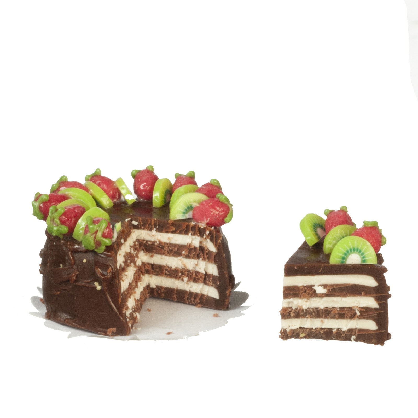 Dollhouse Miniature Chocolate Cake with Strawberries and One Slice
