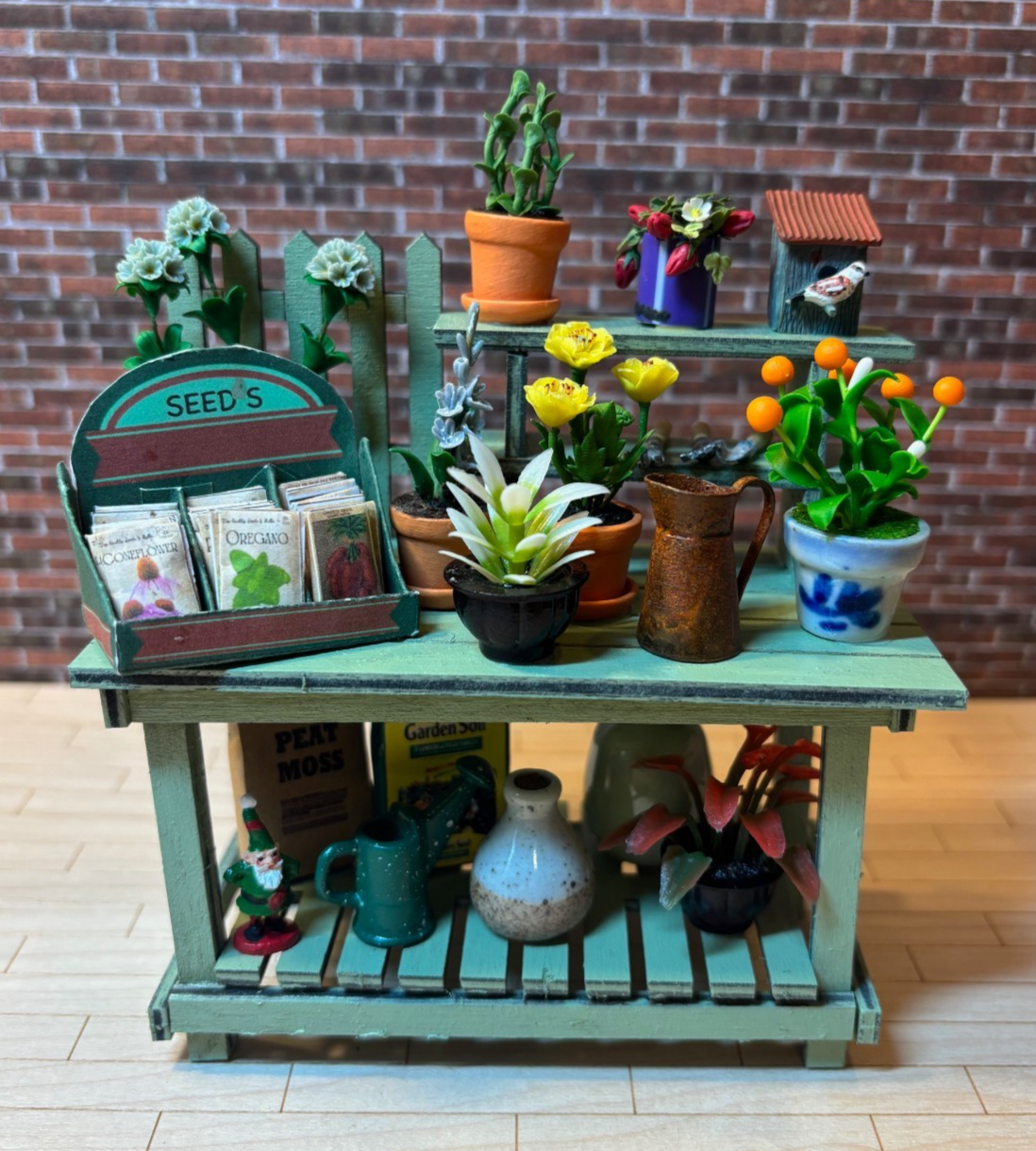 Dollhouse Miniature Potting Bench with Accessories Handcrafted B