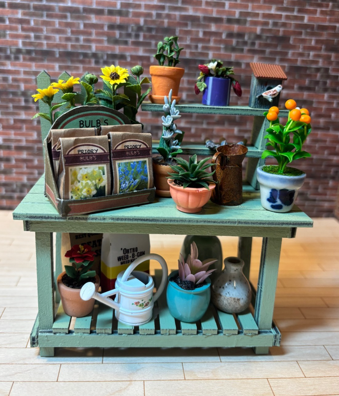 Dollhouse Miniature Potting Bench with Accessories Handcrafted A