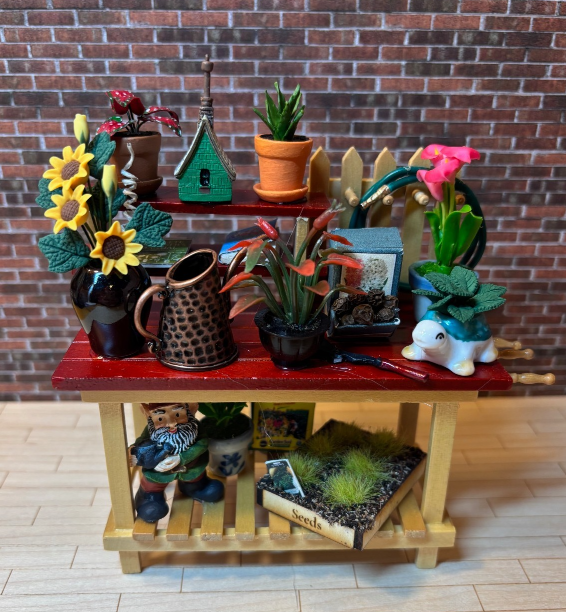 Dollhouse Miniature Potting Bench with Accessories Handcrafted G