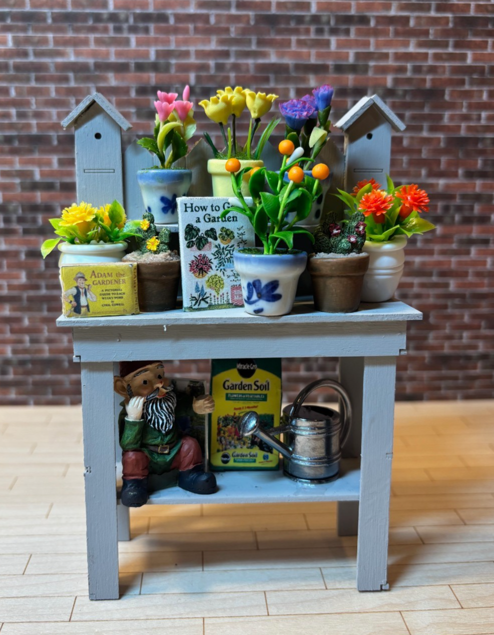 Dollhouse Miniature Potting Bench with Accessories Handcrafted C