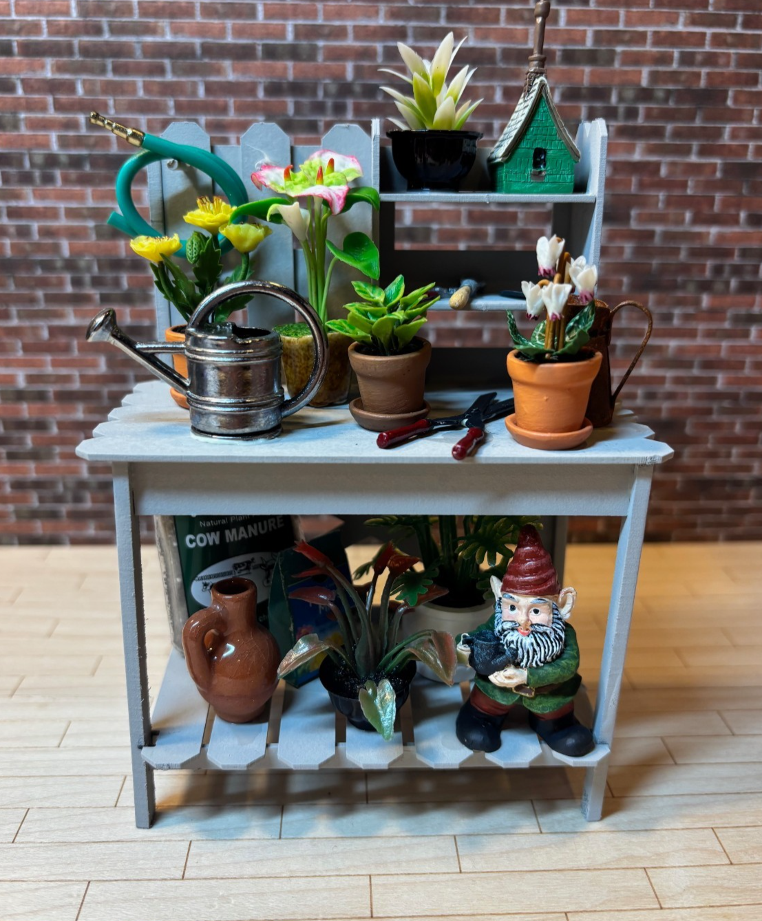 Dollhouse Miniature Potting Bench with Accessories Handcrafted F
