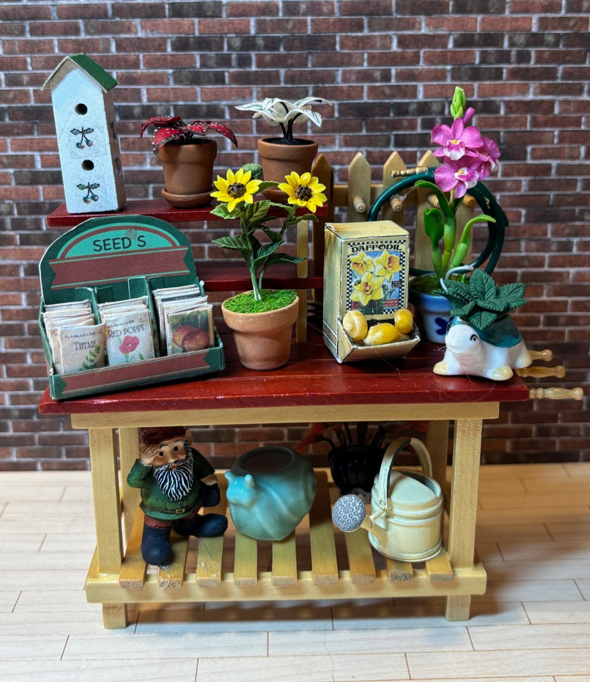 Dollhouse Miniature Potting Bench with Accessories Handcrafted H