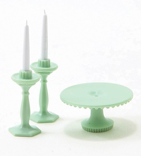 Dollhouse Miniature Jadite Cake Plate with Two Candlesticks