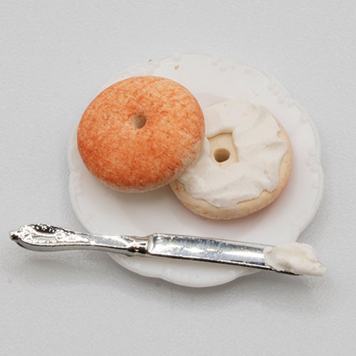Dollhouse Miniature Bagel and Cream Cheese with Knife on Plate Artisan Made