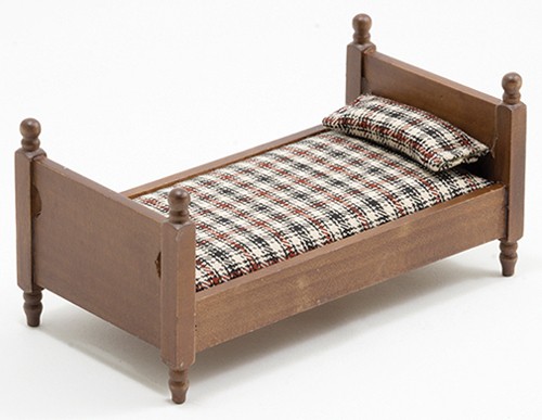Dollhouse Miniature Single Bed with Plaid Fabric
