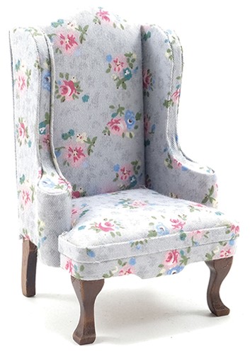 Dollhouse Miniature Chair, Walnut with Gray Floral Fabric