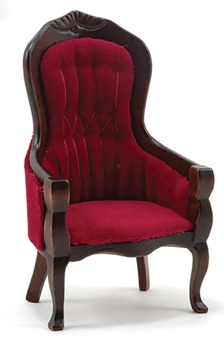 Dollhouse Miniature Victorian Gent's Chair, Walnut with Red Velour Fabric
