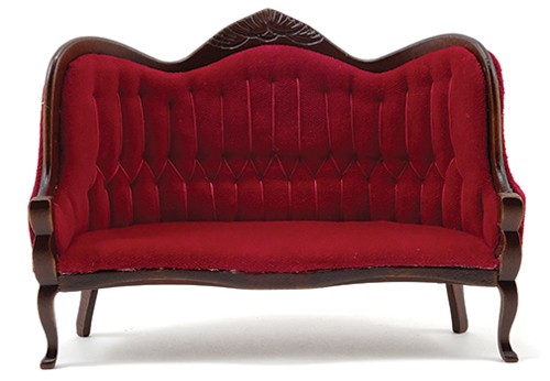 Dollhouse Miniature Victorian Sofa, Walnut with Red Velour Fabric