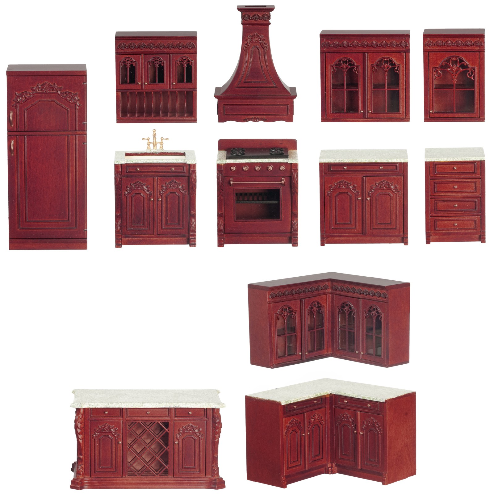NEW! JBM Fine Miniature Deluxe Kitchen Set in Mahogany for Dollhouse
