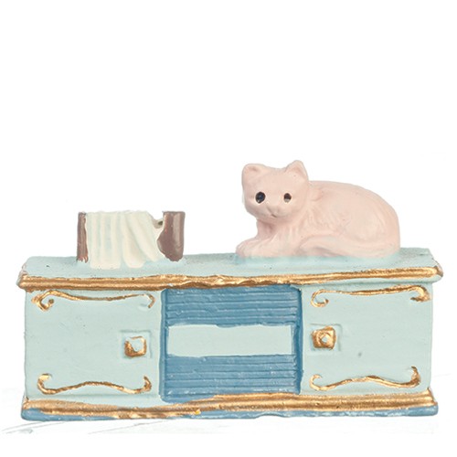 Miniature Dollhouse Mini Blue Console with Cat, Small Scale
