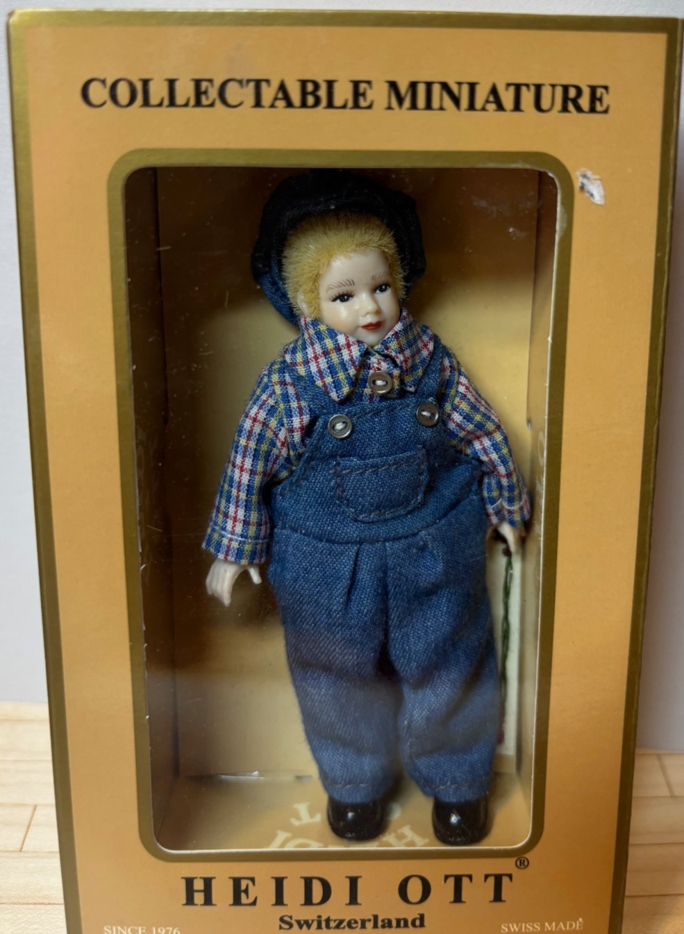 Heidi Ott Dollhouse Miniature 1:12 Scale Blonde Boy Doll in Blue Overalls