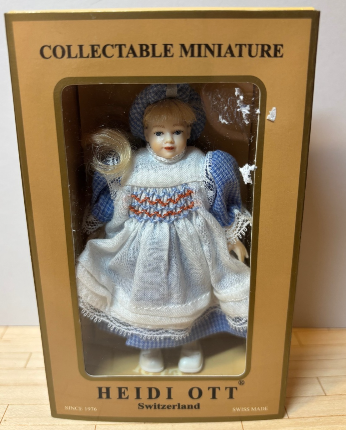 Heidi Ott Dollhouse Miniature 1:12 Scale Blonde Girl Doll in Blue Smocked Dress