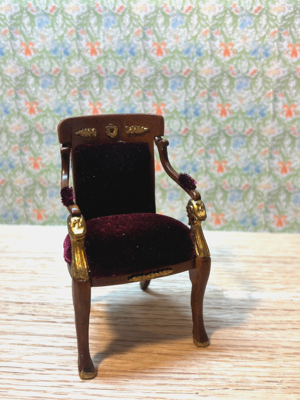 Dollhouse Miniature Walnut/Gold Red Velvet Upholstered Chair by Hansson