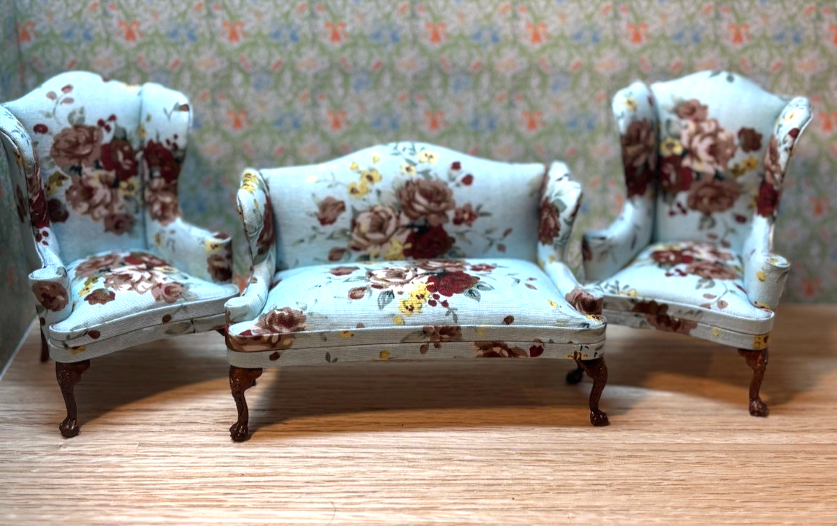Dollhouse Miniature 3 Piece Blue Floral Sofa and Wingback Chair Set by Hansson