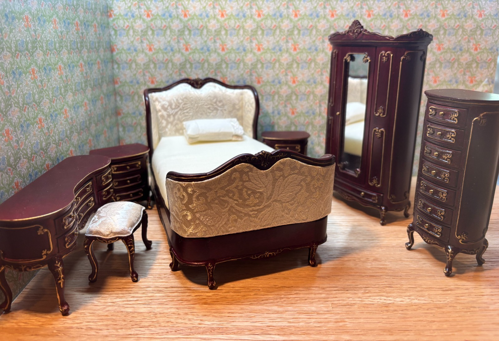 Dollhouse Miniature 7 Piece Walnut Belter Bedroom Set Set by Hansson