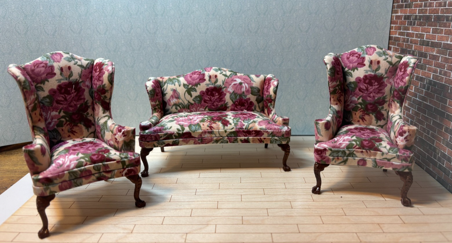 Dollhouse Miniature 3 Piece Sofa and Wingback Chair Set by Hansson