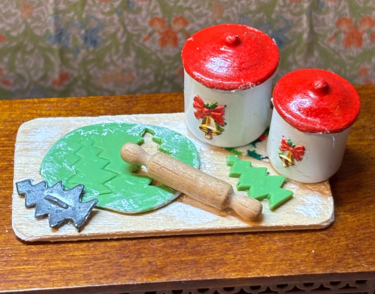 Dollhouse Miniature Making Christmas Cookies with Bell Canisters Handcrafted
