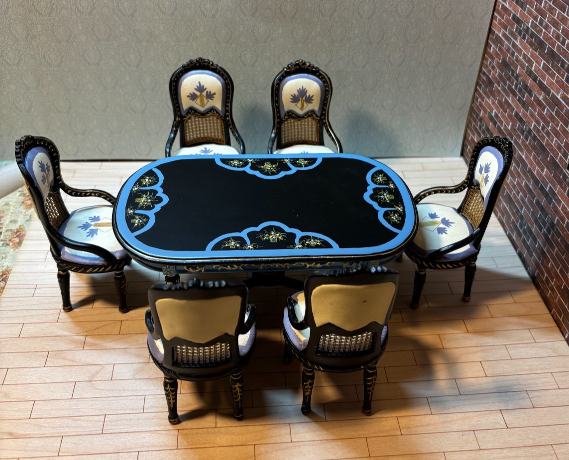 Dollhouse Miniature 7-Piece Black, Blue, and Gold Dining Set by Hansson