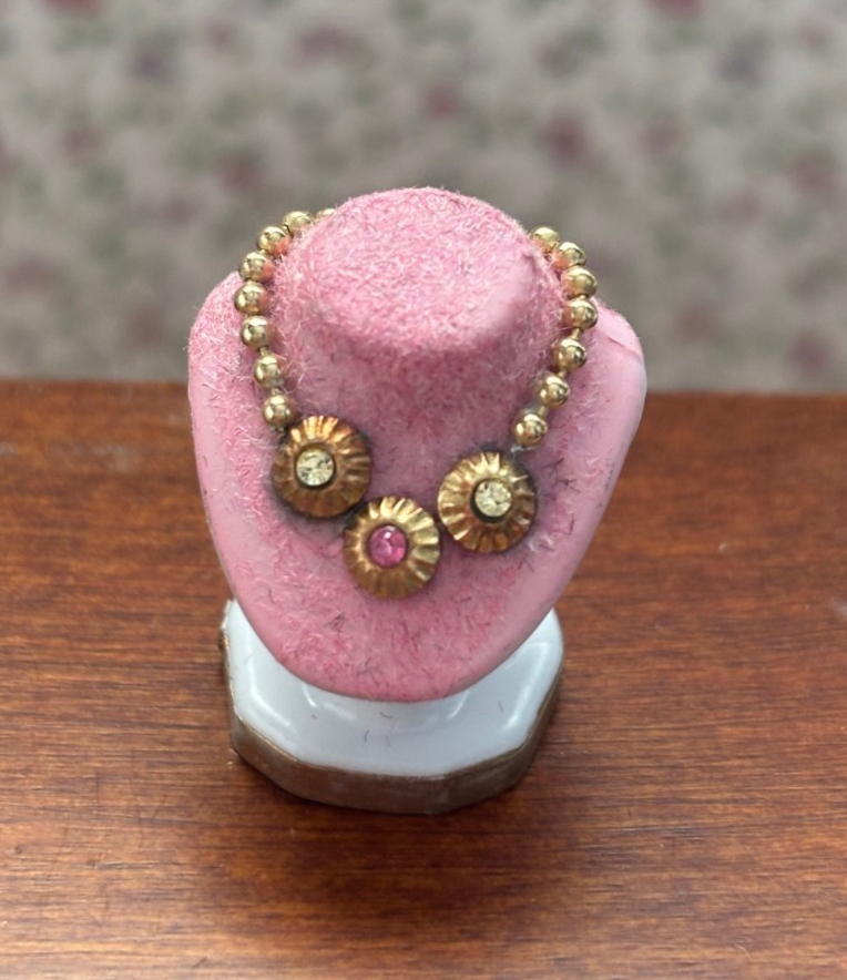 Dollhouse Miniature Jewelry Bust with Gold Necklace and Round Gems