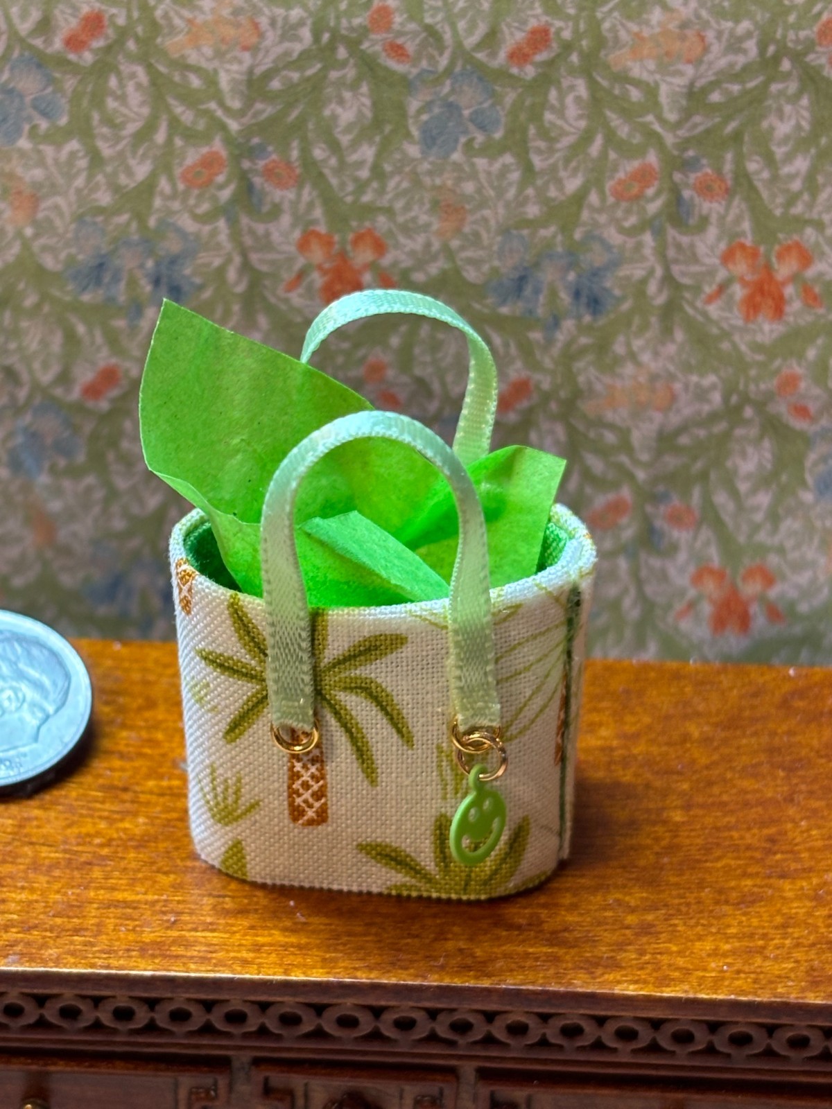 Dollhouse Miniature Tropical Palms Tote Bag with Charm - Handcrafted