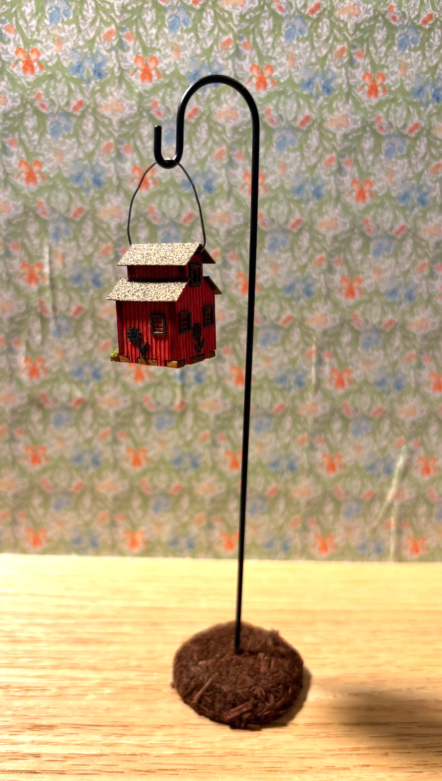 Dollhouse Miniature Red Birdfeeder House on Shepherd's Hook - Handcrafted