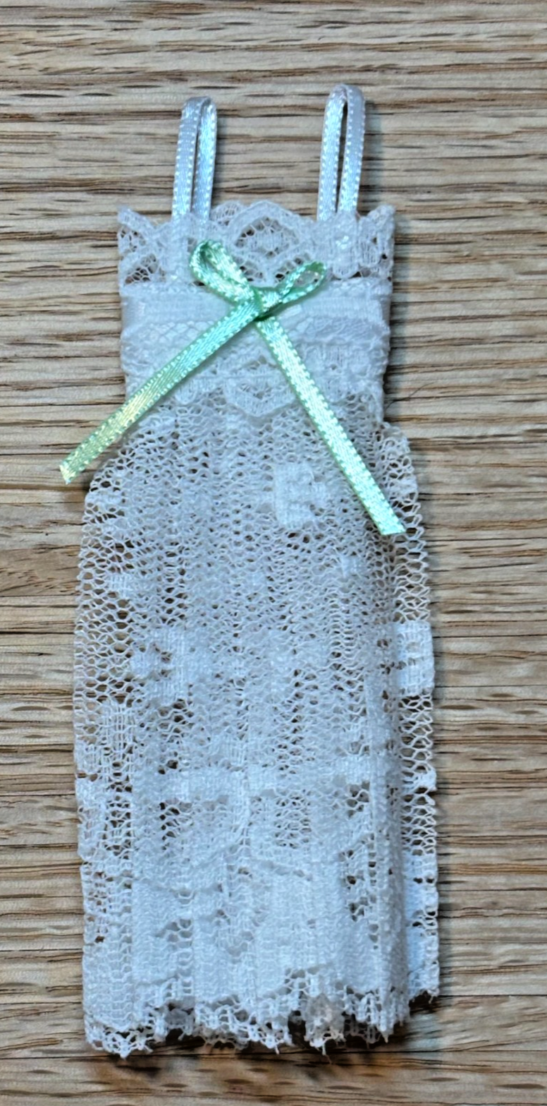 Dollhouse Miniature Lace Nightgown with Green Bow Handcrafted