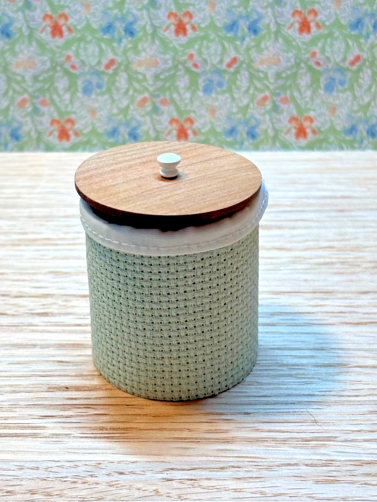 Dollhouse Miniature Clothes Hamper in Sage Green Handcrafted