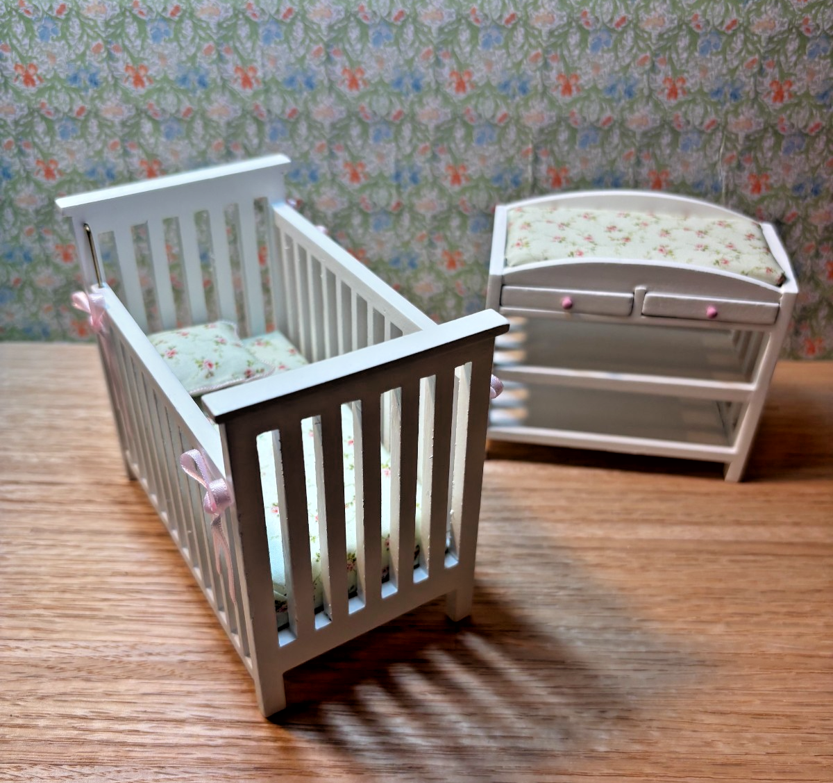 Dollhouse Miniature Crib and Changing Table "Rose Blooms on Green"