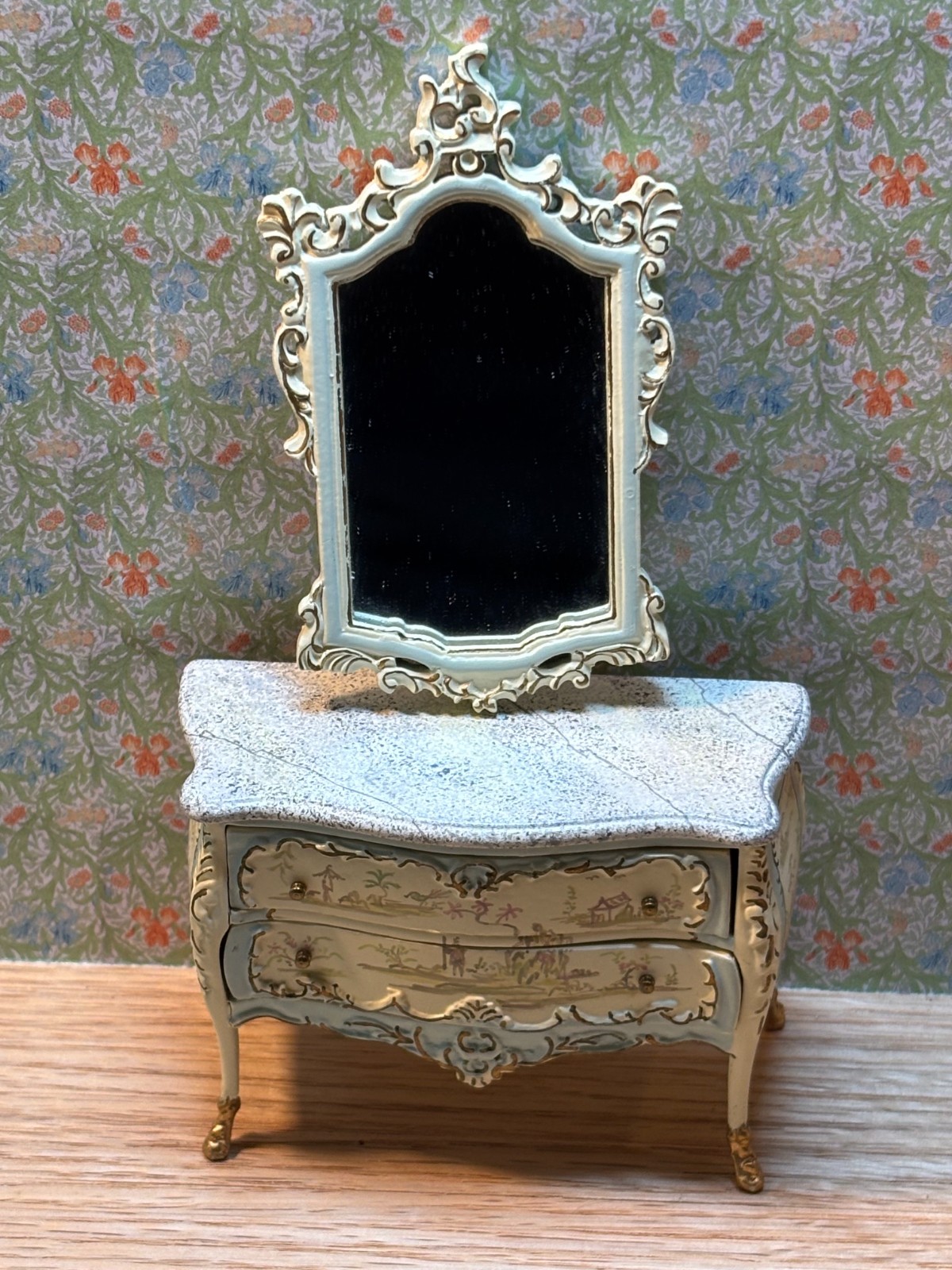 Dollhouse Miniature White/Blue Oriental Design Dresser and Mirror Set by Bespaq