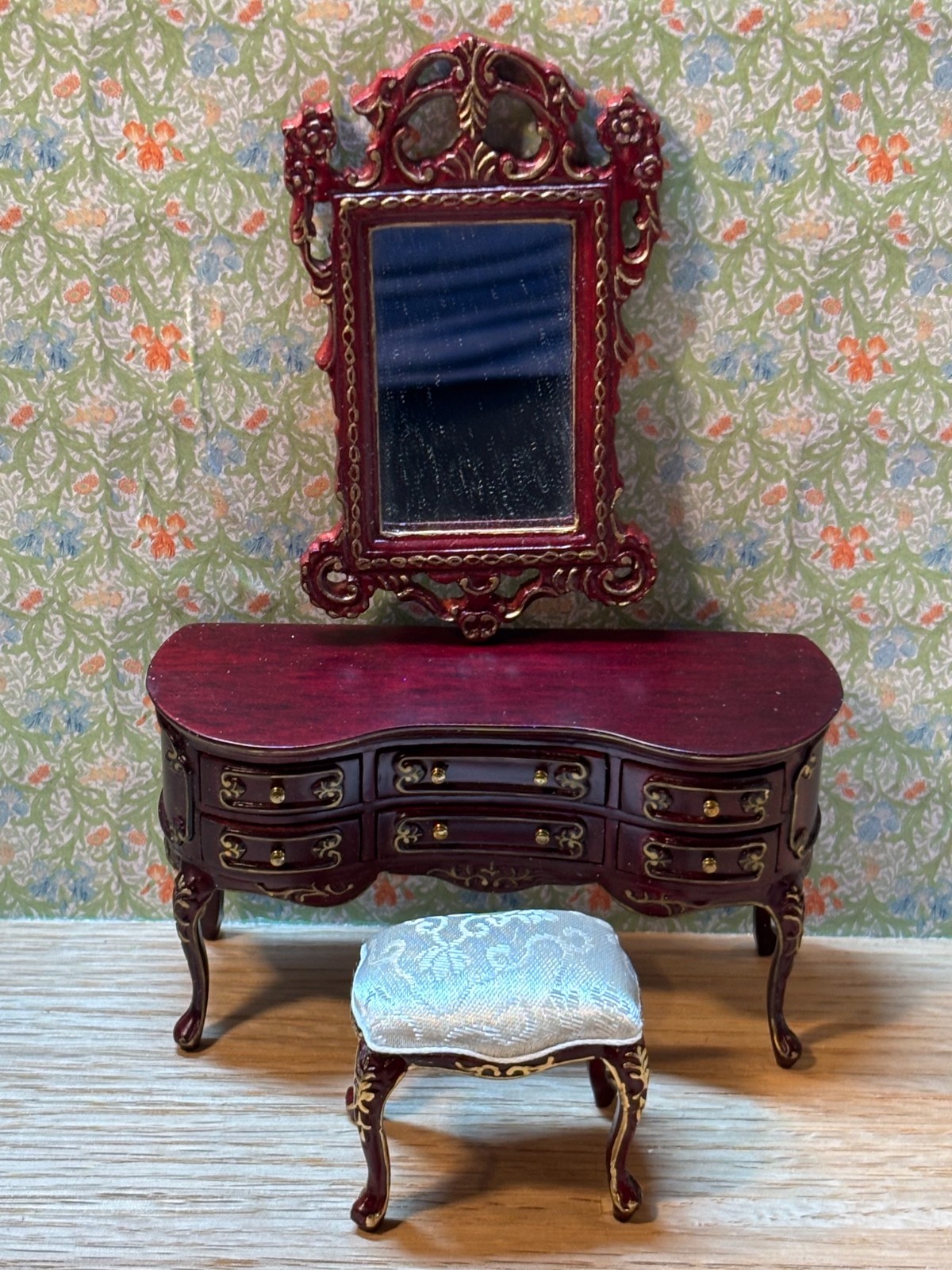 Dollhouse Miniature 3 Piece Mahogany and Gold Vanity, Stool, Mirror by Hansson
