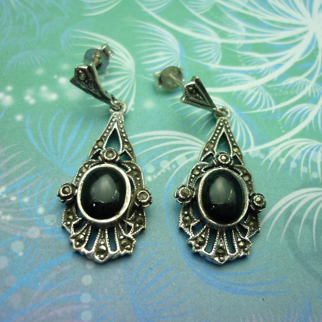 Vintage sterling silver earrings - black onyx - style 13